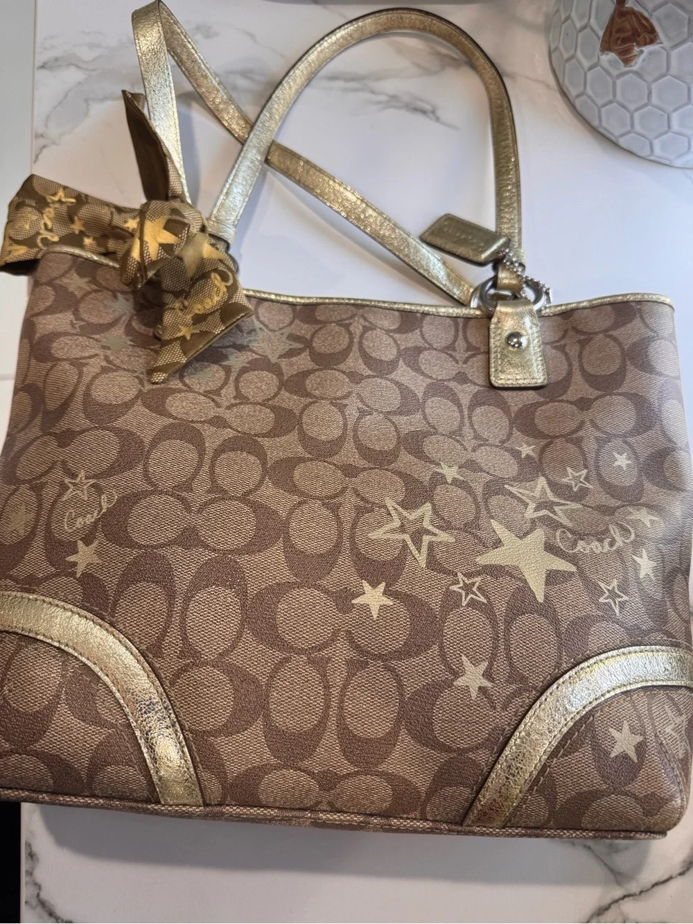 Coach Signature Star Tote in Brown and Gold + Coach Scarf Twilly